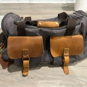 Men's Gray Canvas Duffel Bag with Brown Leather Accents